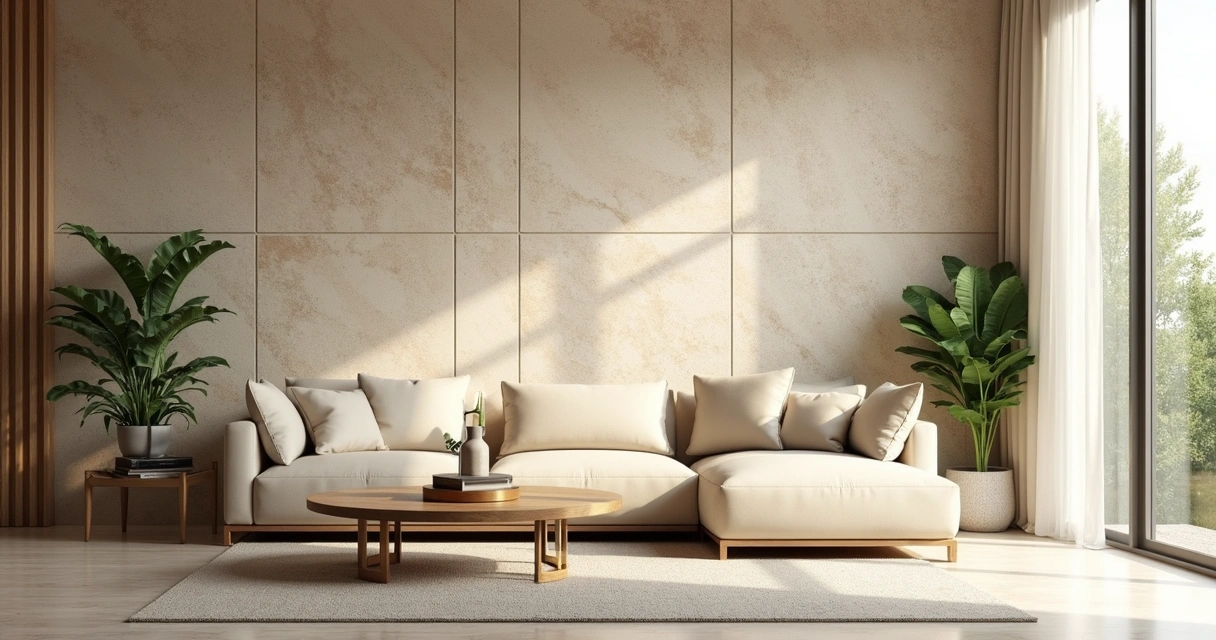 Parede de sala revestida com pedra natural clara, decoração contemporânea e iluminação suave.