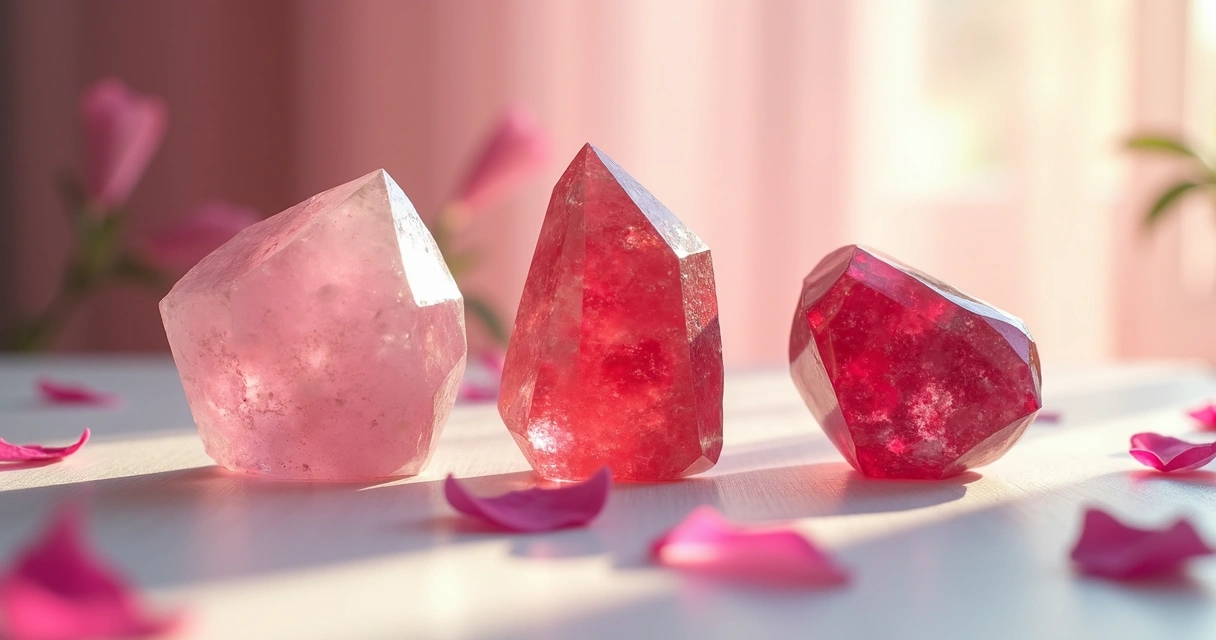 Pedras de quartzo rosa, rodonita e granada alinhadas em superfície clara 