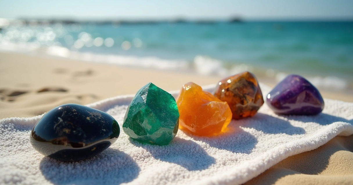 Pedras coloridas para pulseiras expostas sobre uma toalha de praia 