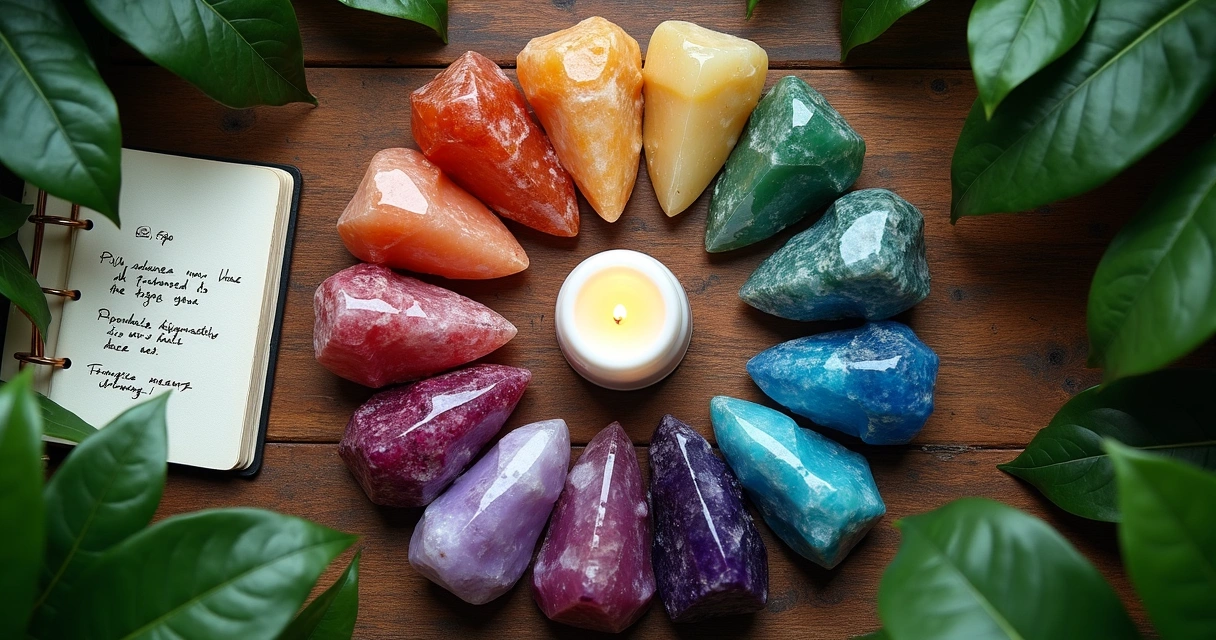 Pedras e cristais coloridos sobre uma mesa representando chakras e cores