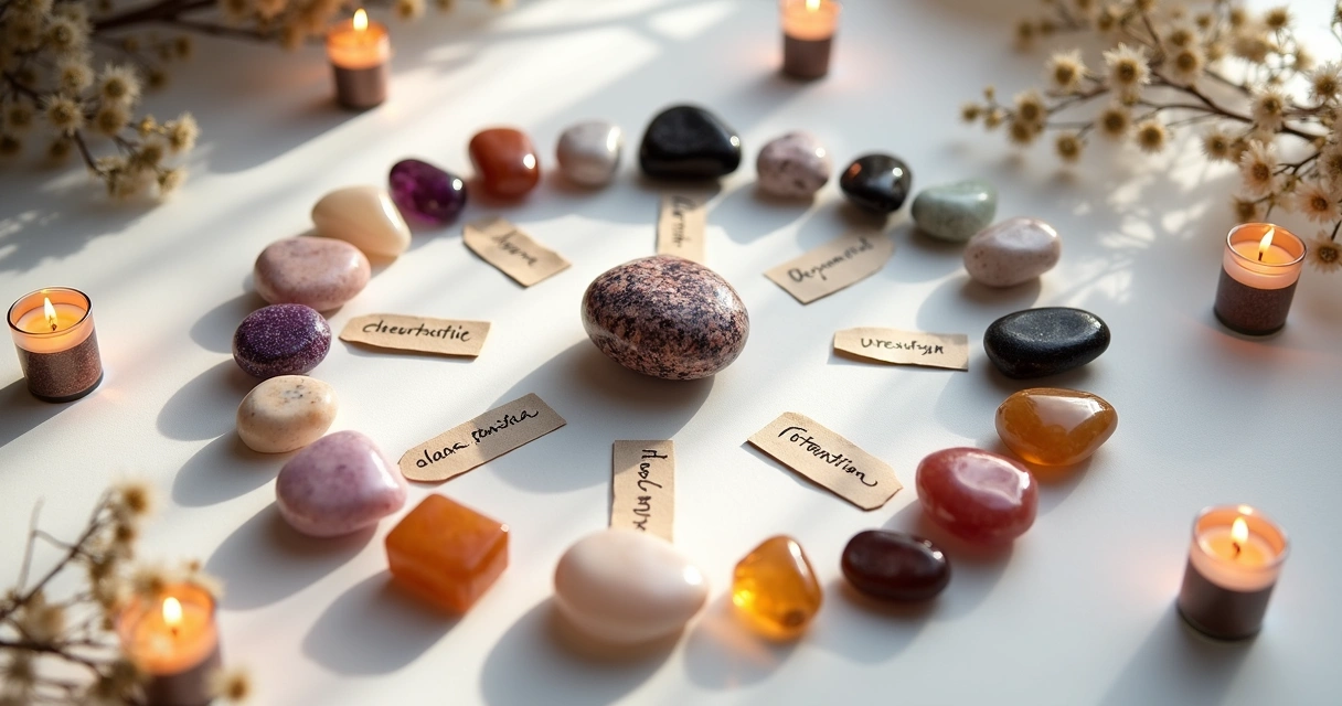 Pedras da intenção coloridas e personalizadas com frases curtas de intenção escrita em etiquetas pequenas ao lado das pedras 