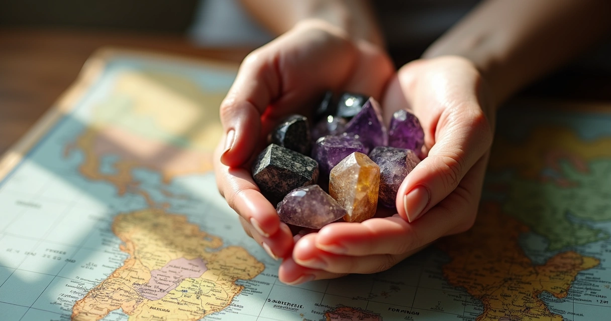 Pedras de proteção coloridas apoiadas em mãos femininas sobre um mapa 