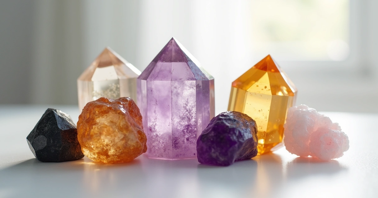 Pedras energéticas coloridas organizadas sobre fundo branco 