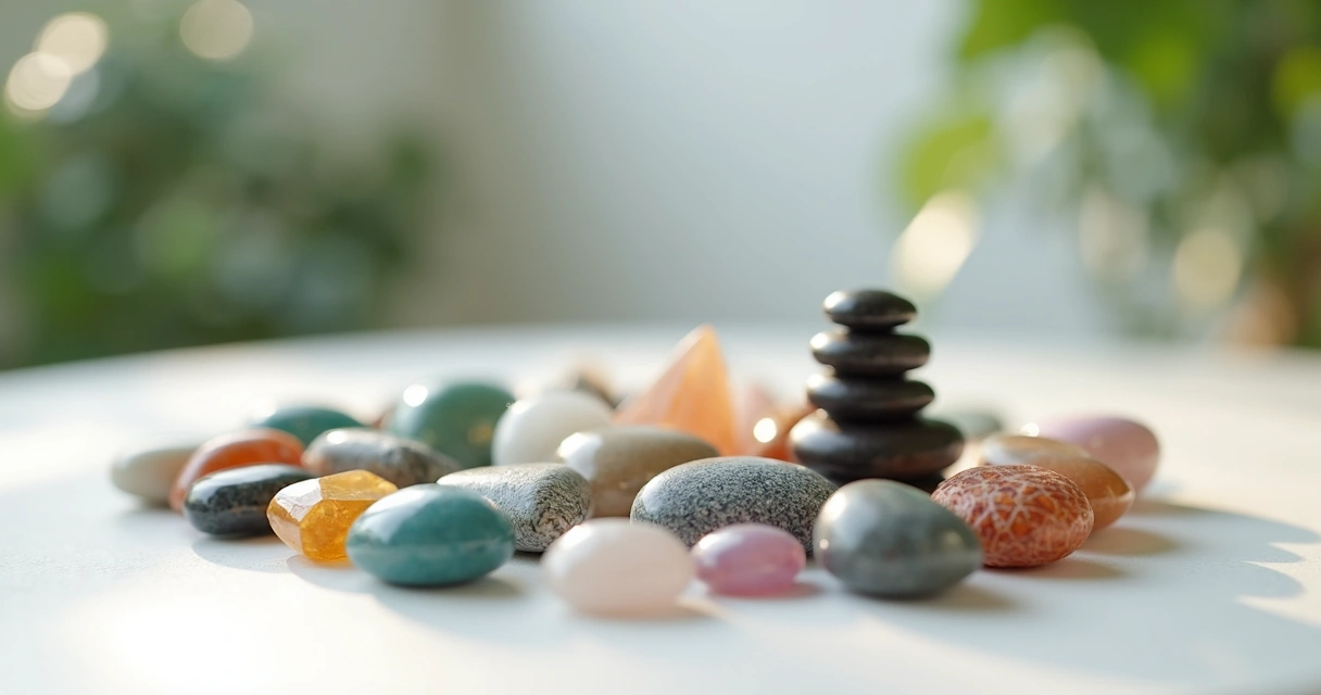 Pedras de cristal coloridas organizadas lado a lado 