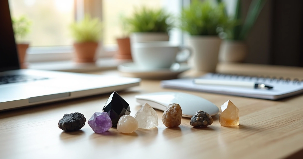 Pedras de proteção organizadas em uma mesa de trabalho, com notebook e plantas ao fundo