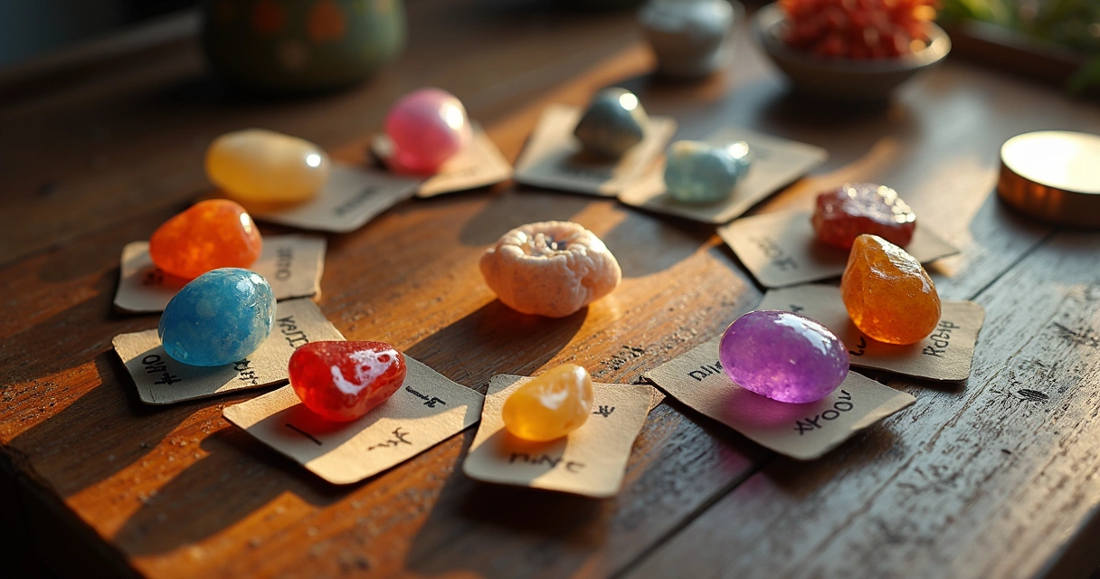 Pedras de cristal coloridas organizadas em círculo na mesa