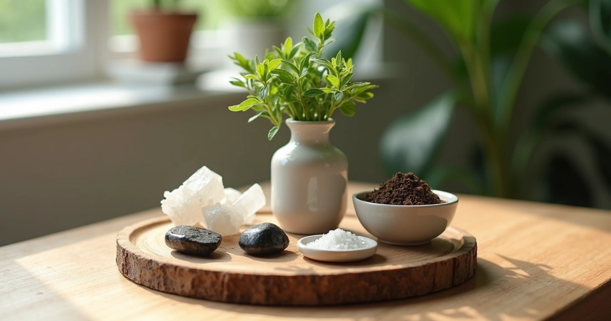 Pedras, cristais e vaso com terra lado a lado em altar pequeno 