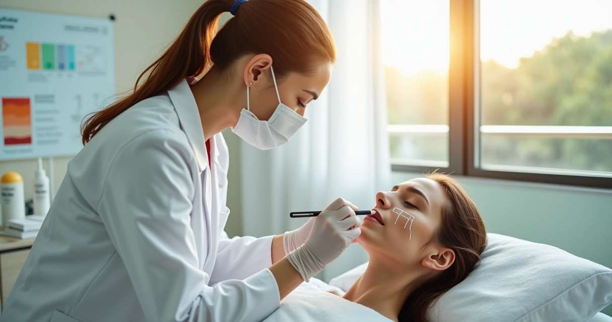 Profissional aplicando peeling de ATA no rosto de paciente em consultório com luz suave de verão 