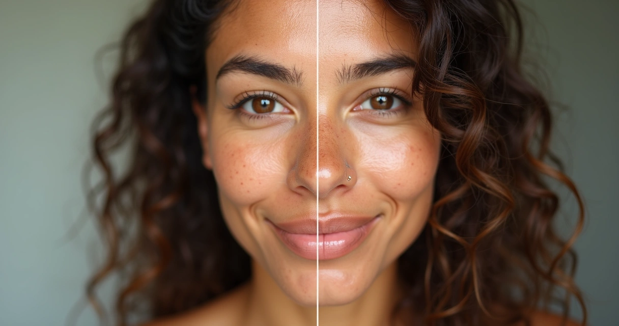 Rosto de mulher com metade da pele antes e metade depois do peeling