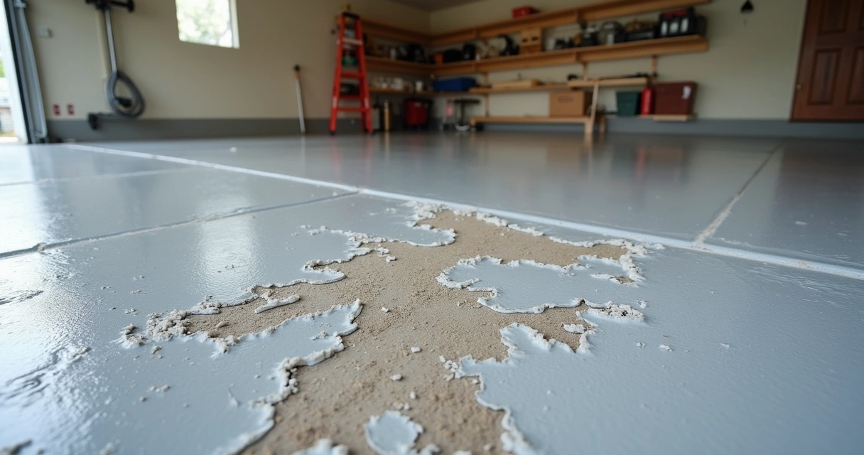 Close-up of peeling epoxy coating on a residential garage floor in Orlando 