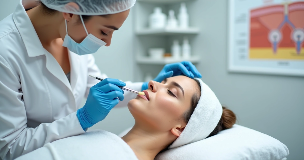 Profissional da saúde estética realizando peeling facial em ambiente clínico moderno 