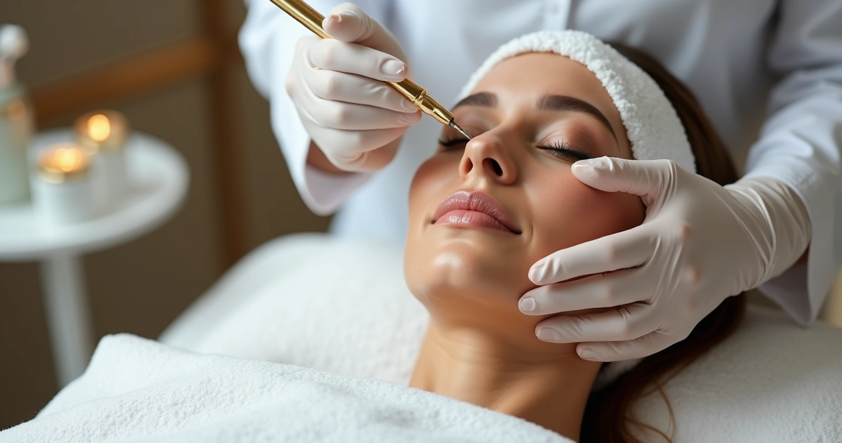 Procedimento de peeling químico profundo sendo realizado por dermatologista em clínica, ambiente sofisticado. 