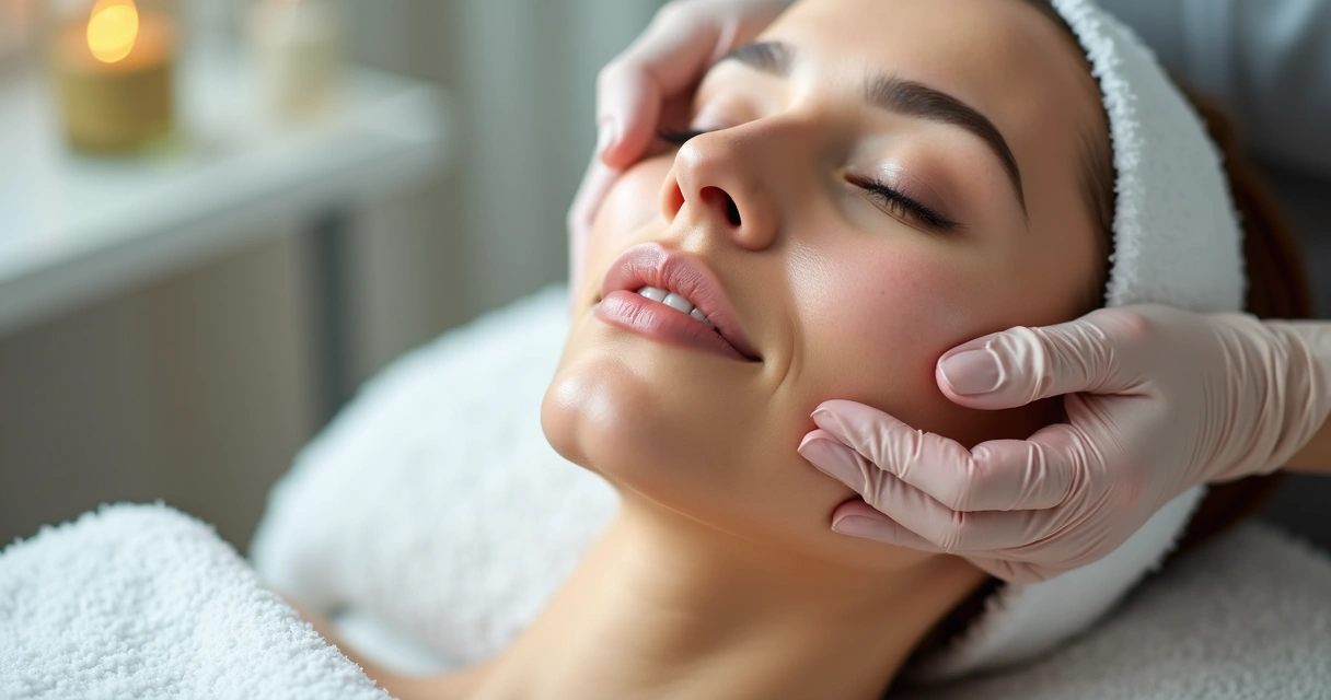 Profissional aplicando peeling químico facial em paciente, close nas mãos e pele renovada. 