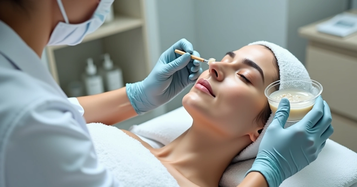 Dermatologista aplicando peeling químico suave no rosto de paciente em clínica moderna 