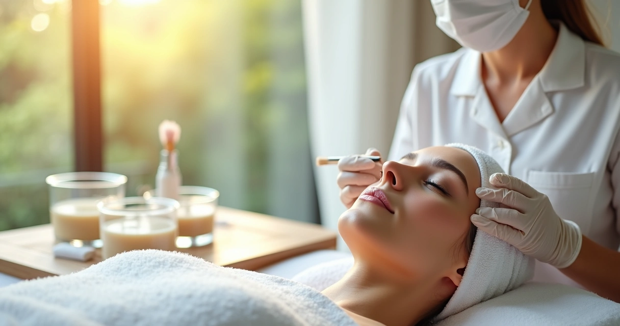 Profissional realiza peeling químico leve no rosto de paciente em ambiente clínico no verão 