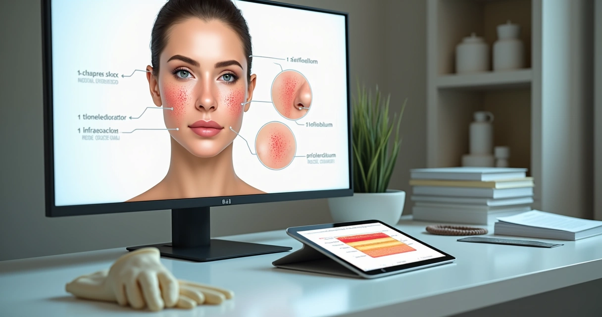 Mapa facial clínico destacando áreas de erupção acneiforme após peeling de ácido retinóico 