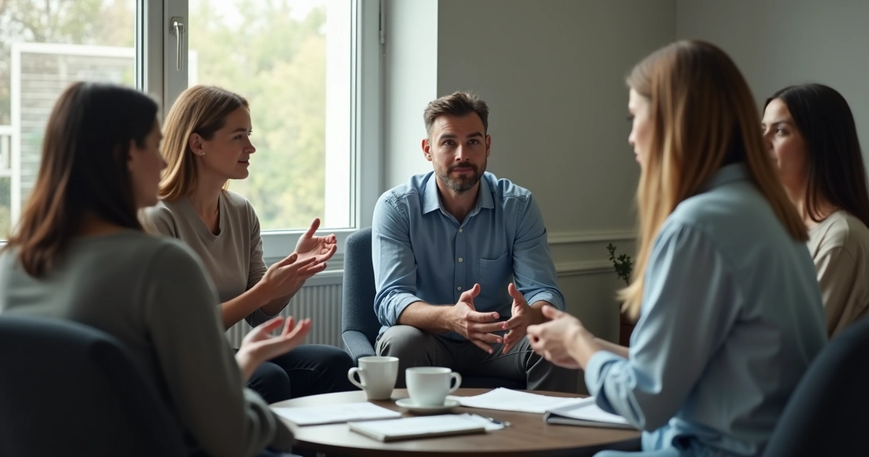 Small group talking while one person reflects quietly 