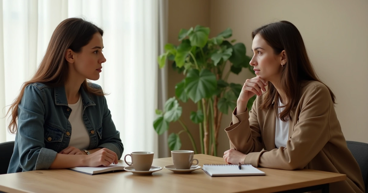 Two people in a thoughtful coaching conversation at a table 