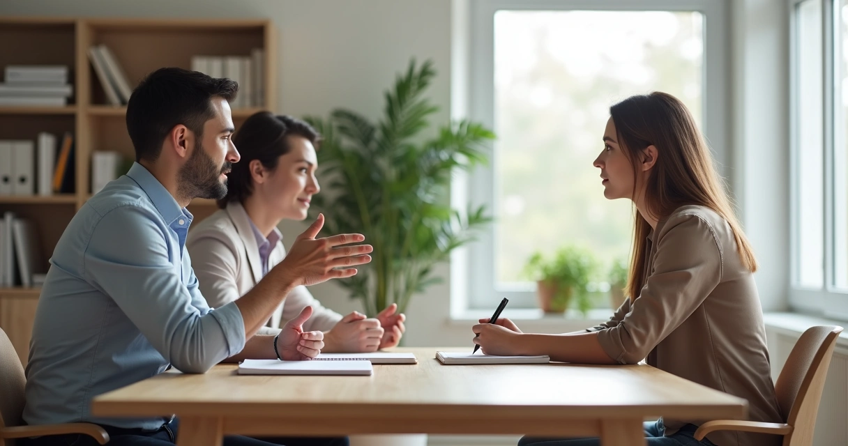 Two people exchanging feedback facing a reflective person with a notebook 