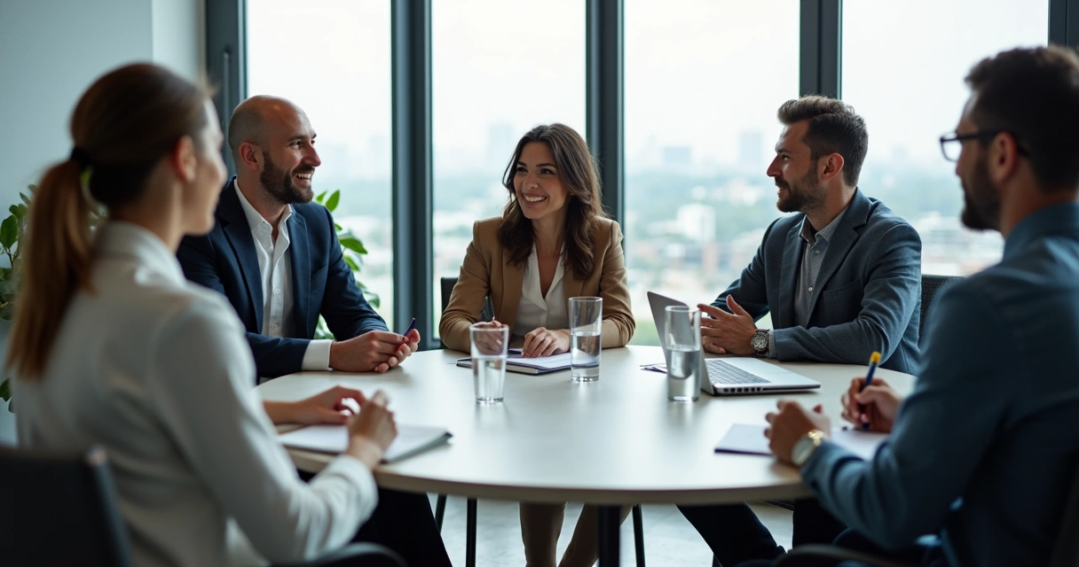 Diverse colleagues in a feedback circle in a modern office 