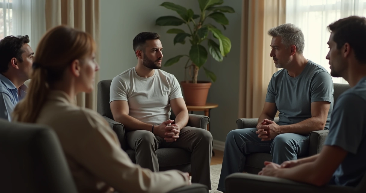 Group of adults in a circle having a tense conversation