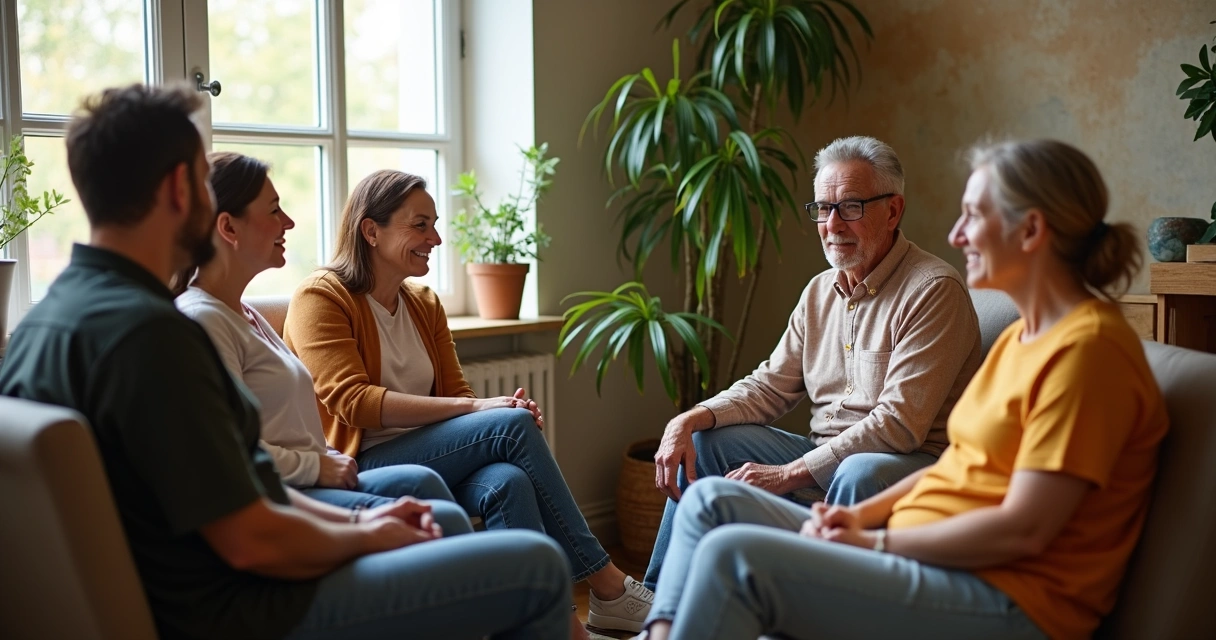 Small group sitting in a circle in discussion, with warm lighting and natural background. 