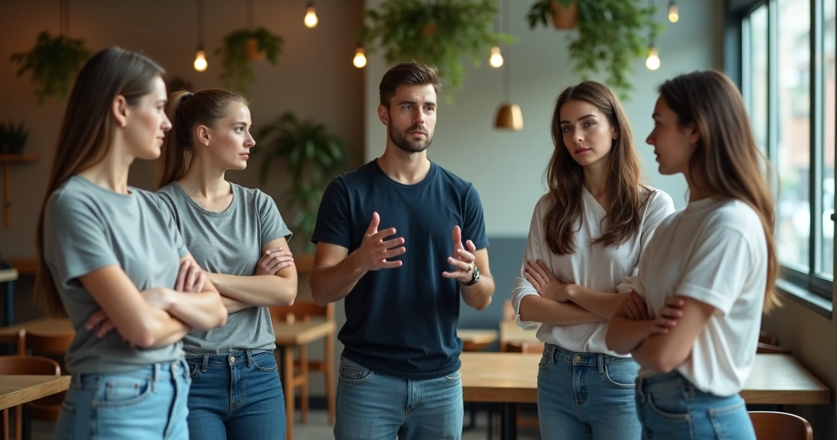 Young adult surrounded by peers with one person subtly controlling the group 