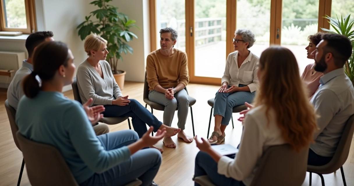 Diverse group sitting in a circle with subtle light connections between them 