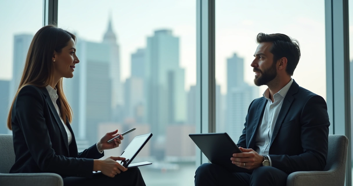 Two colleagues talking during a structured work peer interview. 