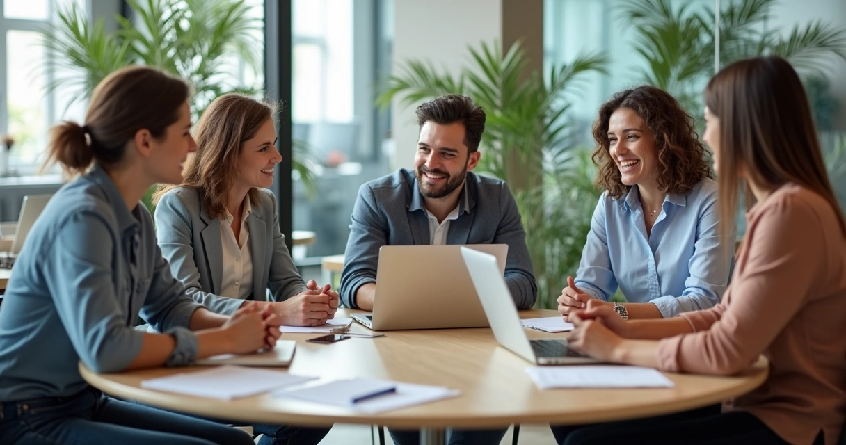 Team brainstorming around a table in an open office