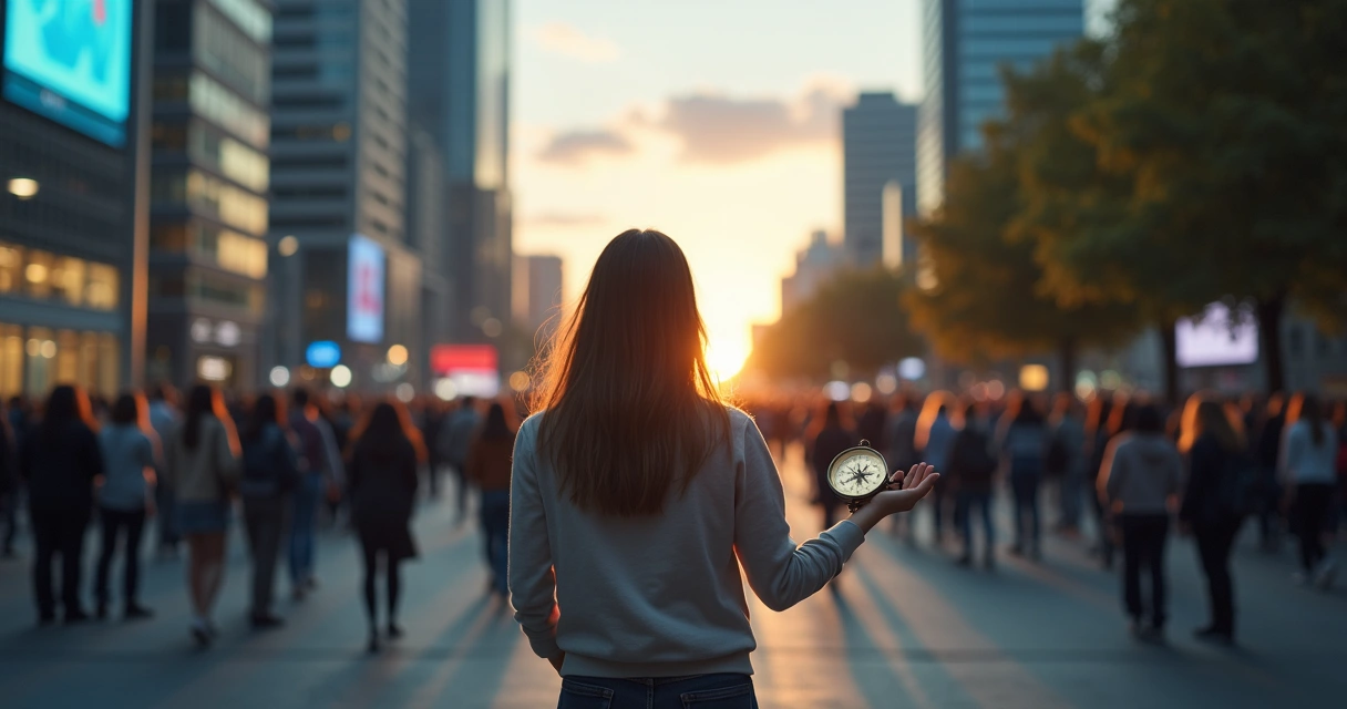 Person standing at a crossroads between a noisy crowd and a calm path with a compass in hand 