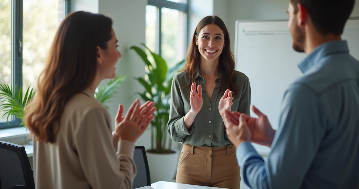 Coworker receiving praise from team 