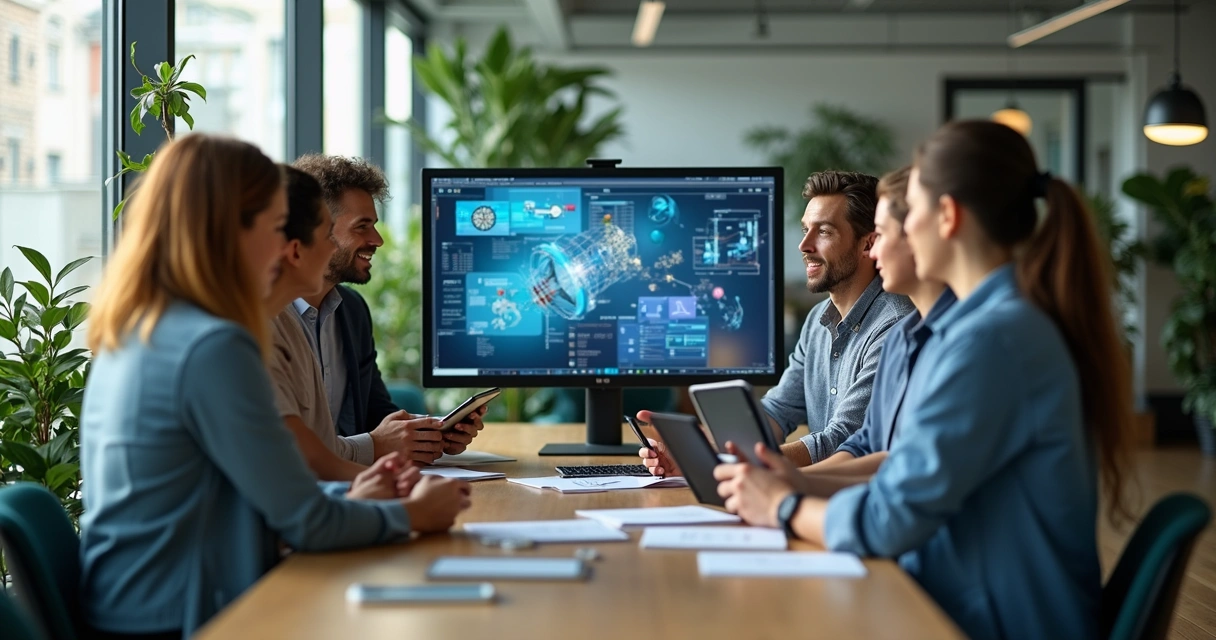 Time diverso discutindo projeto digital em reunião