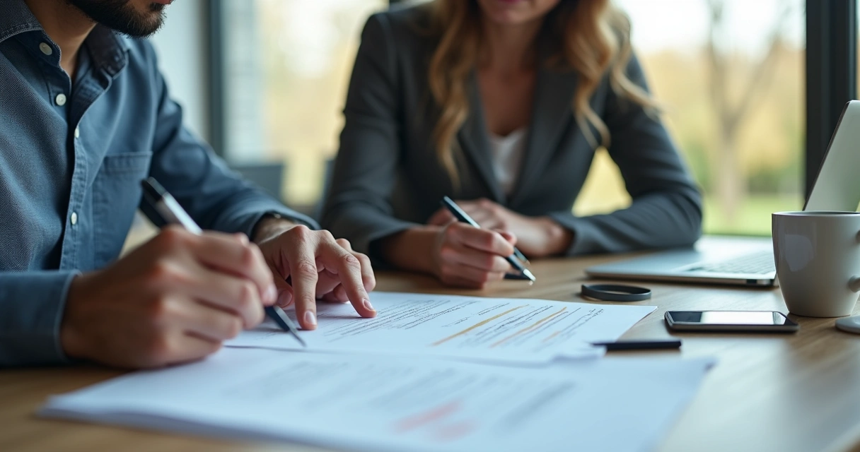 Colleagues reviewing documents together in office setting