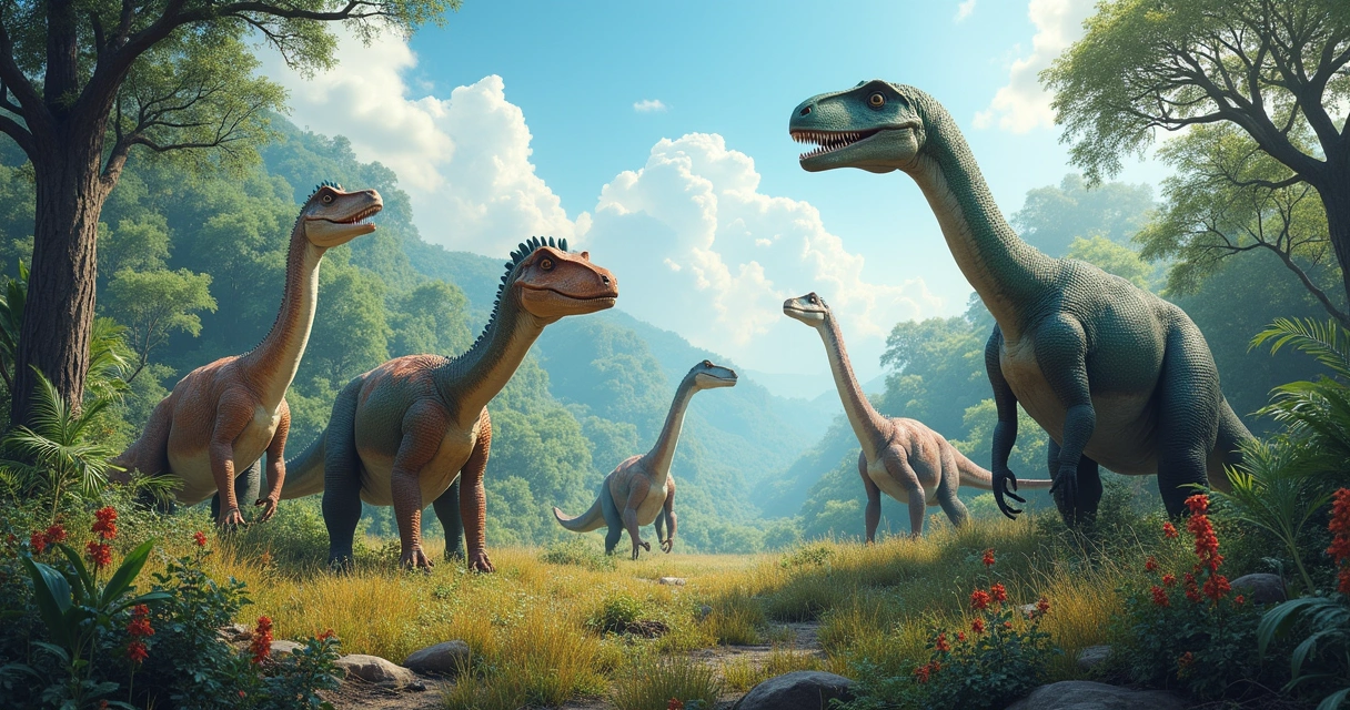 Pegadas de dinossauros em solo arenoso, mostrando diferentes tamanhos e formas, com vegetação pré-histórica ao fundo.