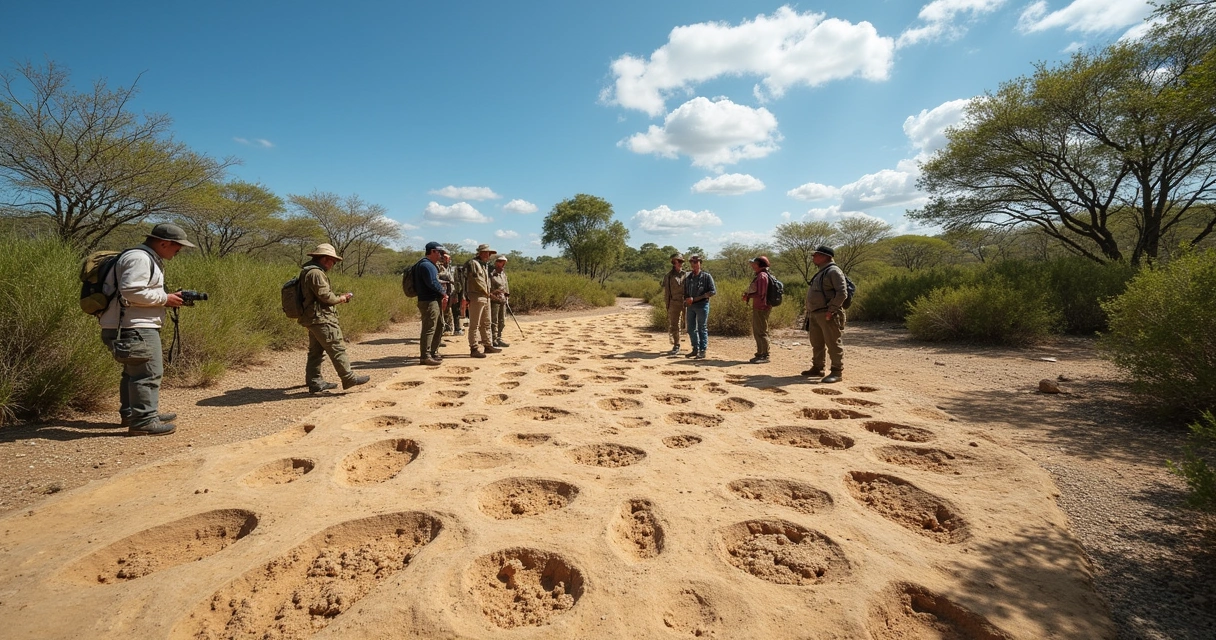 Pegadas de dinossauros no solo da UFRGS, com pesquisadores analisando o local e vegetação pré-histórica.