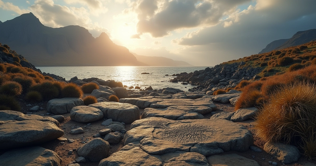 Pegadas de dinossauro em rocha na costa da Escócia, com montanhas de Skye ao fundo e luz suave do amanhecer.
