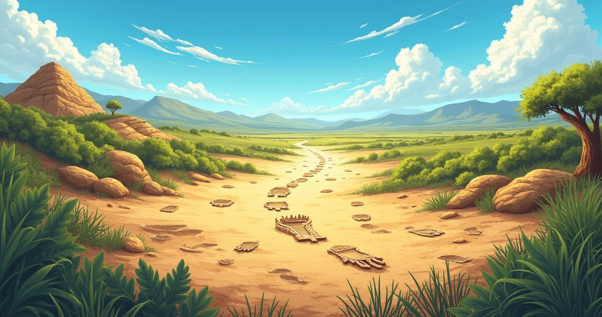 Vista abrangente de pegadas fossilizadas de dinossauros em Biloela, rodeadas por vegetação exuberante.