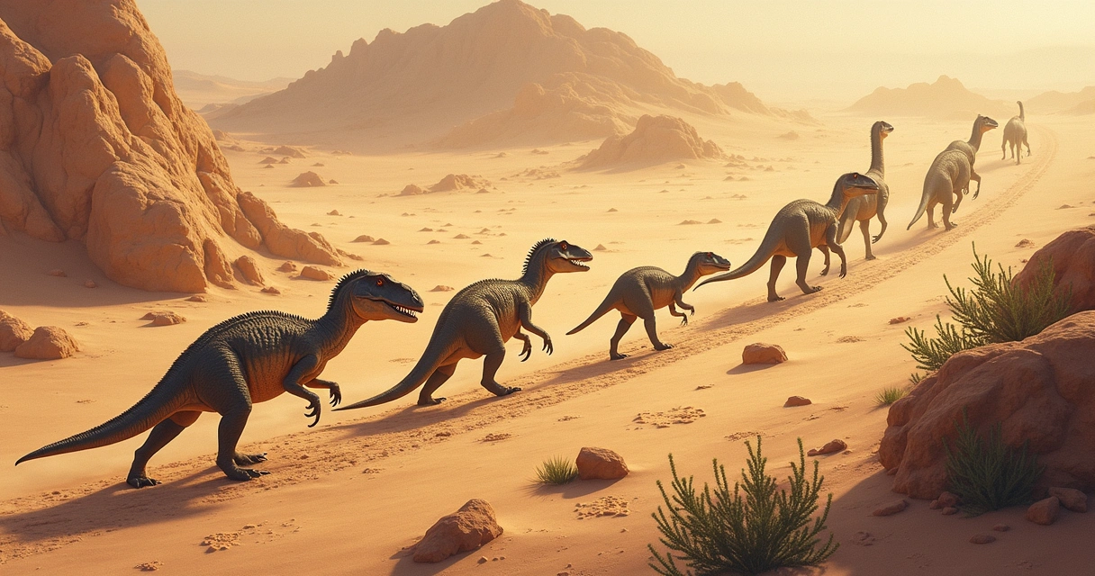 Pegadas fossilizadas de vários dinossauros paralelas em solo rochoso 