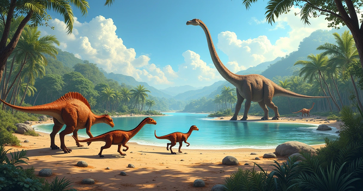 Pegadas de dinossauros em área úmida do Jurássico Inicial, vegetação densa e lagoa ao fundo.