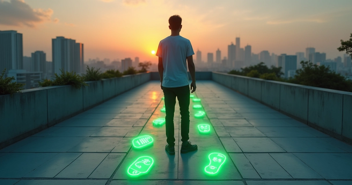 Pessoa observando pegadas verdes formadas por ícones financeiros e de sustentabilidade 