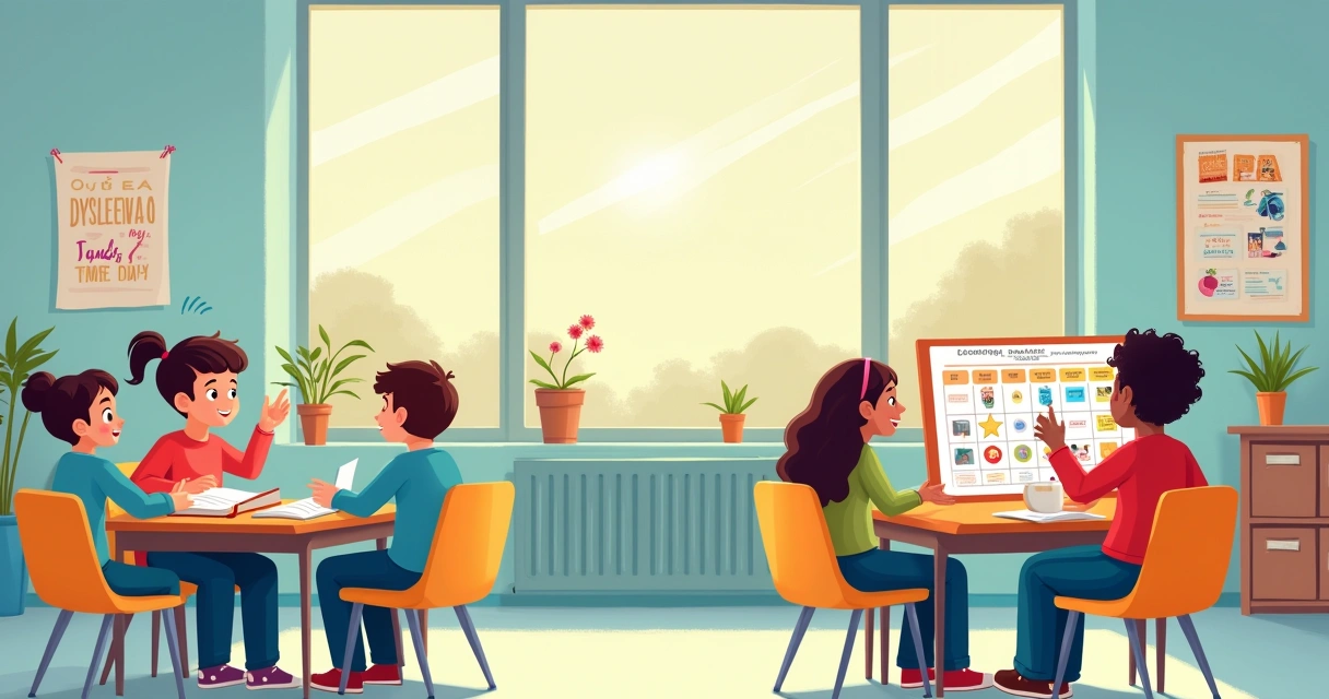 Ilustração de uma sala de aula com alunos usando planos educacionais individualizados (PEIs) para aprendizado inclusivo.