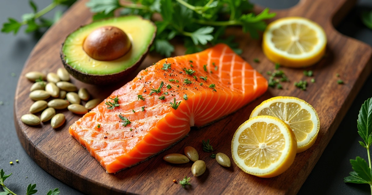 Salmão, abacate e sementes de abóbora em uma tábua de madeira