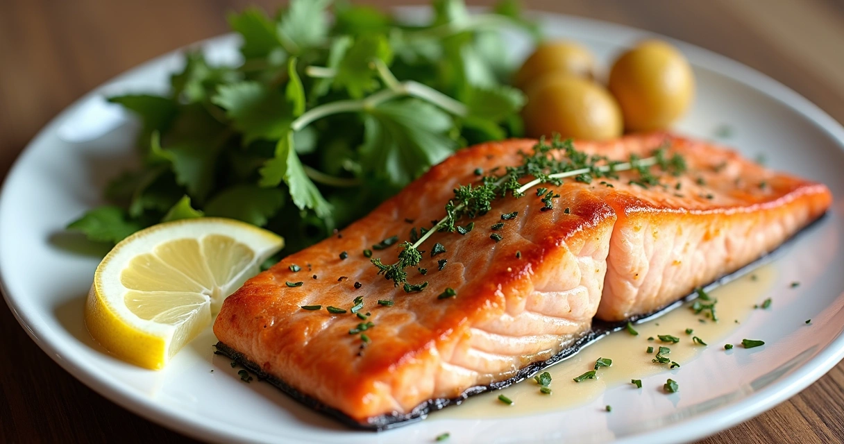 Salmão grelhado, batatas e folhas em prato branco 