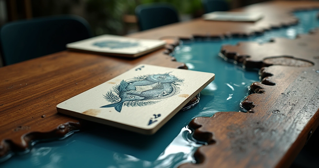 Cartas de Peixes do baralho cigano dispostas em cima de mesa com moedas douradas e corrente d'água 