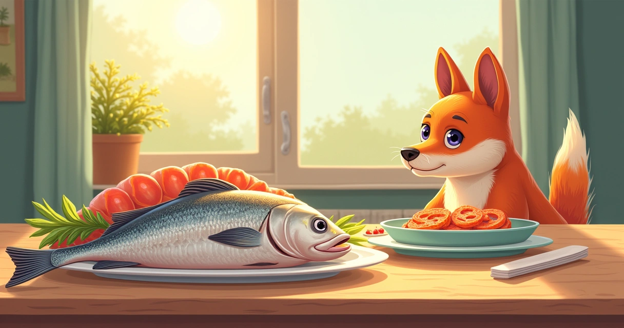 Uma mesa com salmão, sardinha e tilápia, enquanto um cachorro curioso observa. Ilustrações de nutrientes flutuam ao redor.