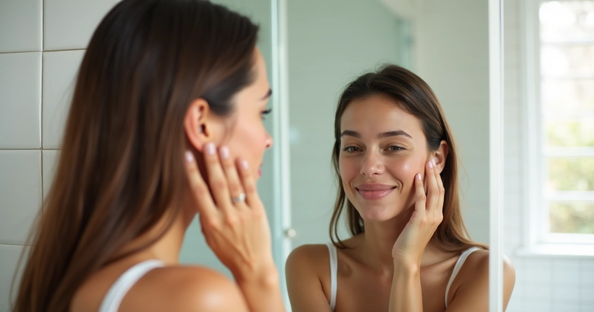 Pessoa olhando para si mesma no espelho, tocando a pele do rosto e o cabelo 