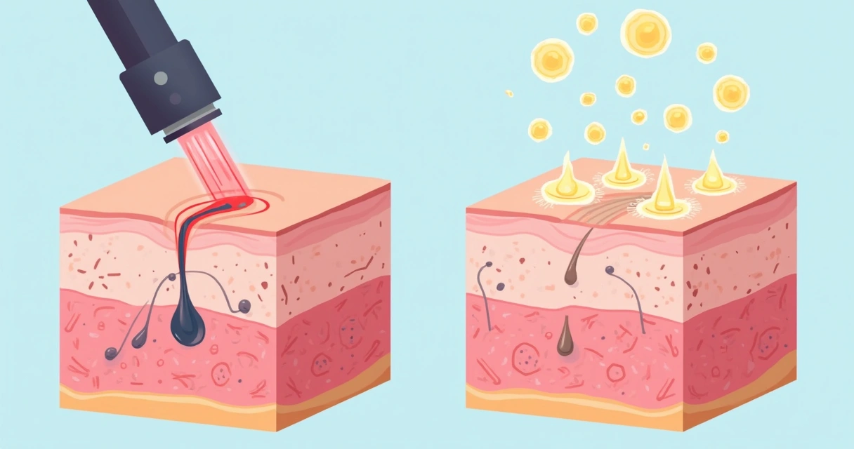 Ilustração pele humana em camadas mostrando ação do laser e dos ácidos ao mesmo tempo 