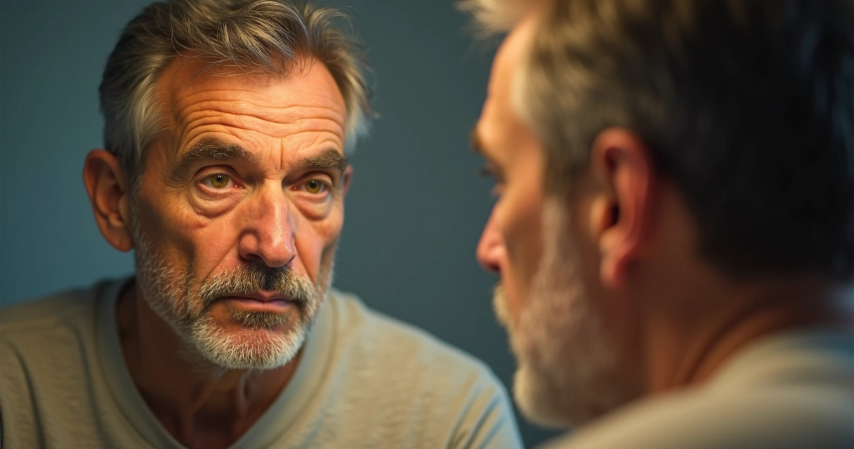 Pessoa olhando para o espelho com olhos amarelados detalhados. 