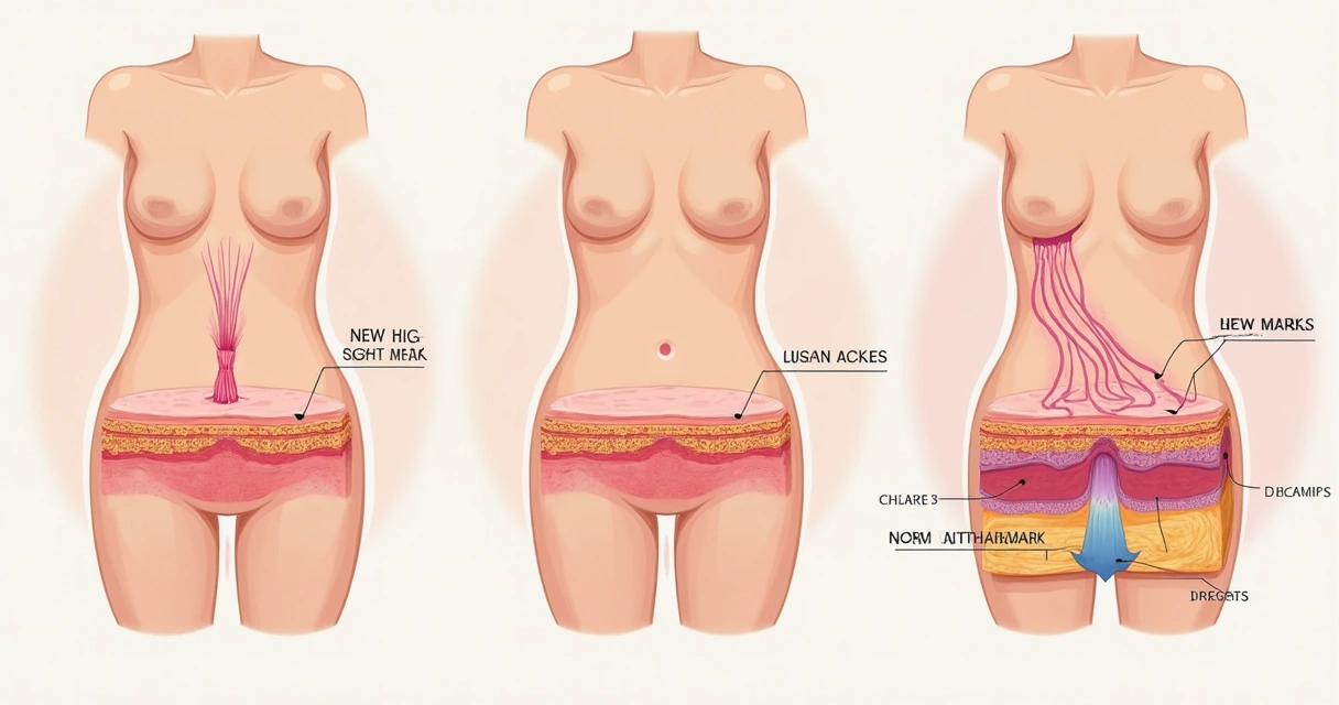 Ilustração mostrando a progressão de estrias vermelho, roxo e branqueado na pele 